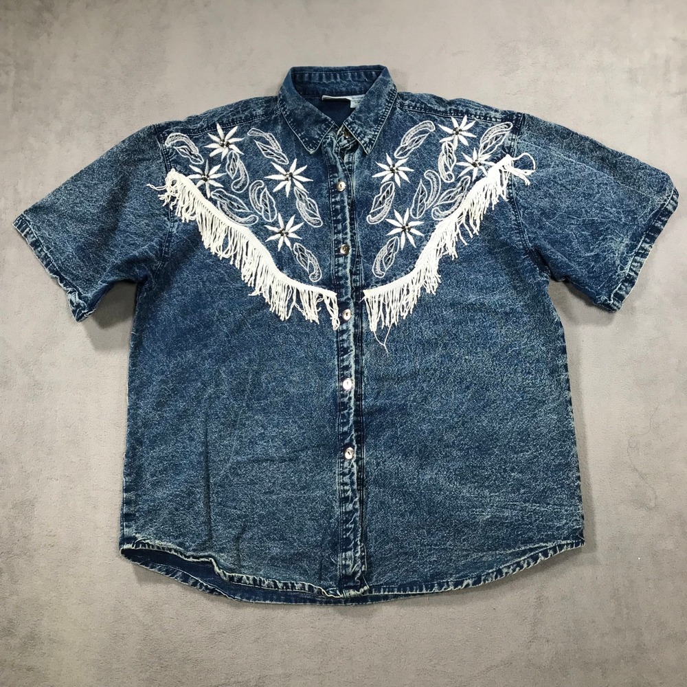 Vintage Kaktus Denim Shirt Women Large Blue Acid Wash Western Fringe Embroidered